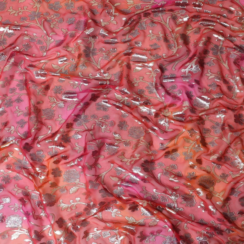 Scarlet red Premium pure silk chiffon fabric with gold metallic lurex in floral design-D12539