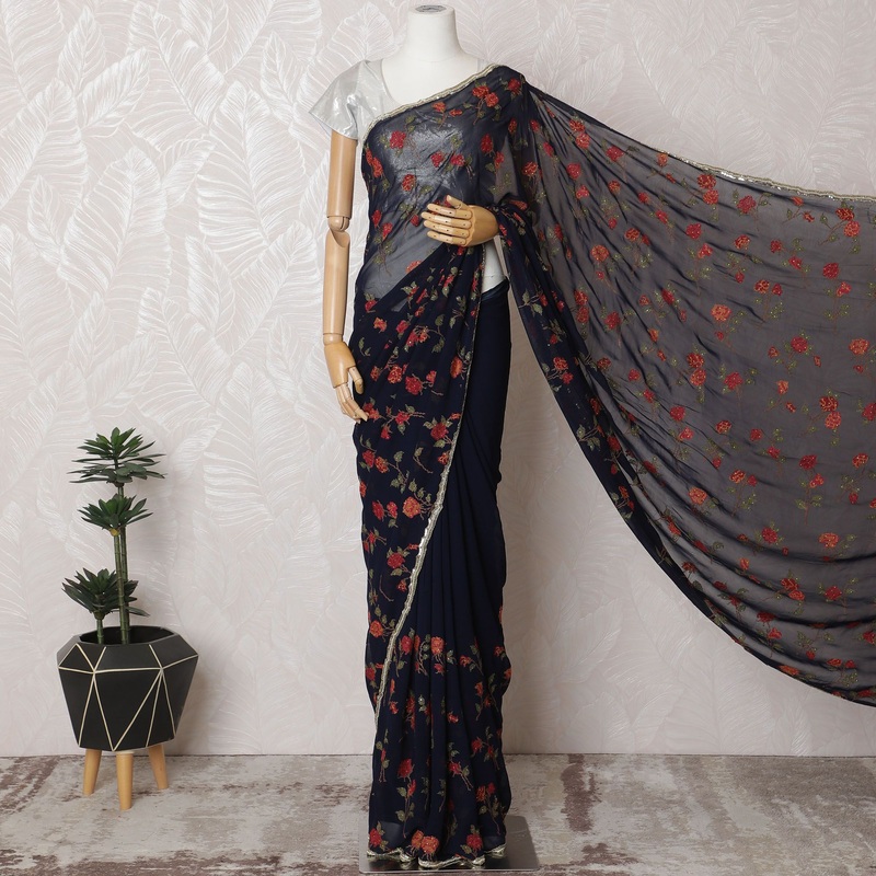Elegant Navy Blue Silk Chiffon Saree with Red Floral Embroidery & Stone Work - 5.5 mtrs-D18795