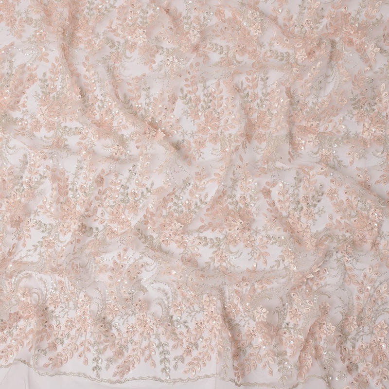 Peach Floral Sequin & Thread Embroidered Nylon Tulle Fabric, 140 cm Width, Made in China-D26632