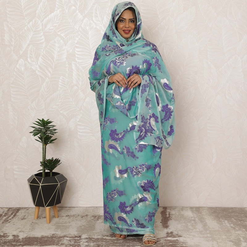 Sea Green Sudanese Thobe Fabric in Premium Silk Chiffon (Fransawi) with Metallic Lurex, 4.5 Meters, 110 cm Width-D20428