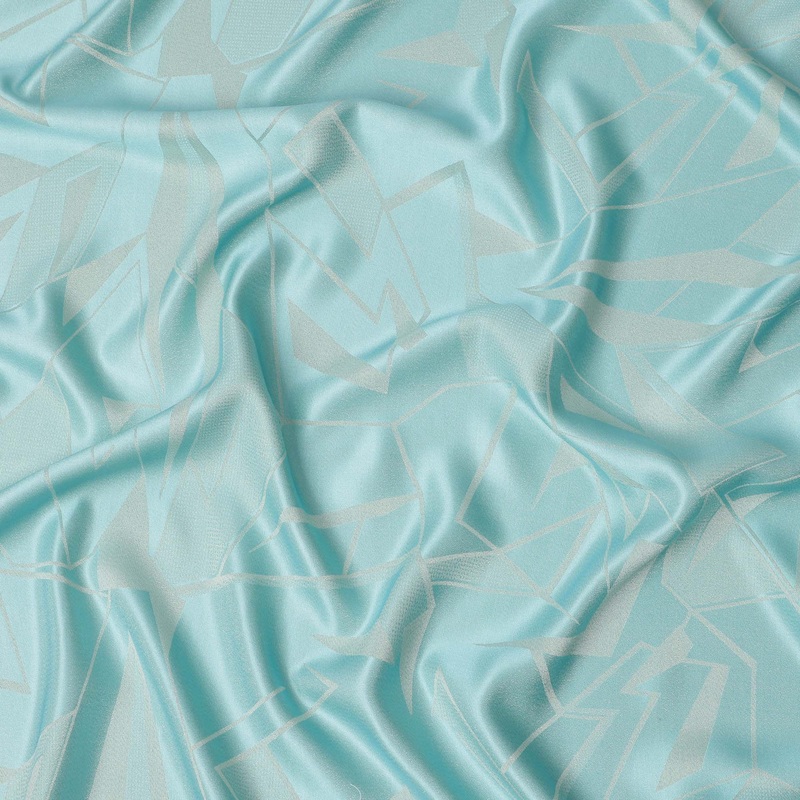 Aqua Blue Geometric Jacquard Metallic Print Pure Silk Satin Fabric, 110 cm Width, Made in South Korea-D23009