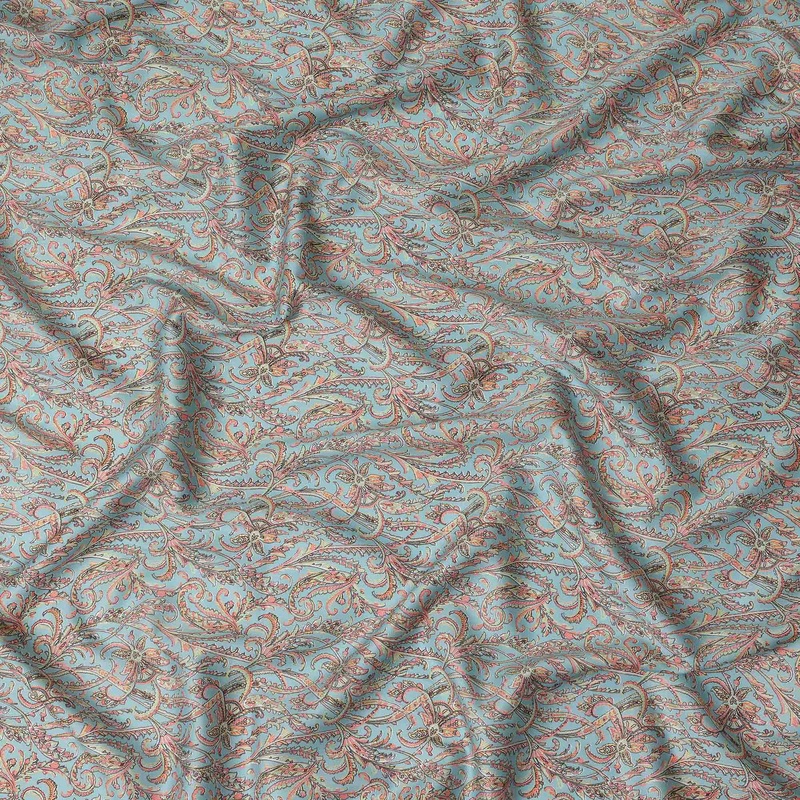 Aqua Paisley Printed Cotton Satin Fabric 110 Cms Width Soft Smooth Lustrous Dress Material India-D27951