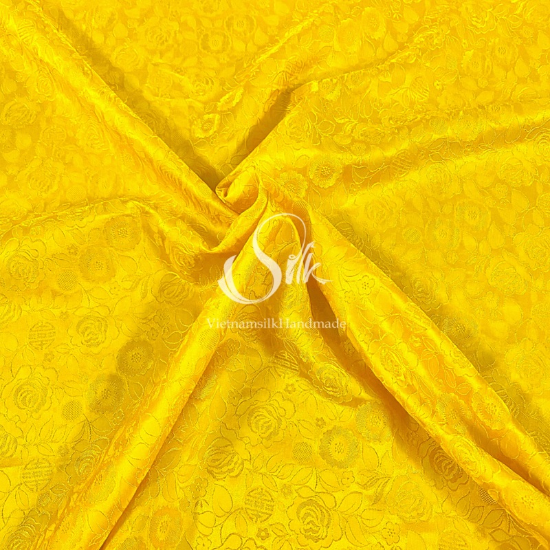 Yellow Silk with Rose Flowers - Rose Pattern - PURE MULBERRY SILK fabric by the yard - Floral Silk - Rose Silk -Luxury Silk - Natural silk - Handmade in VietNam- Silk with Design