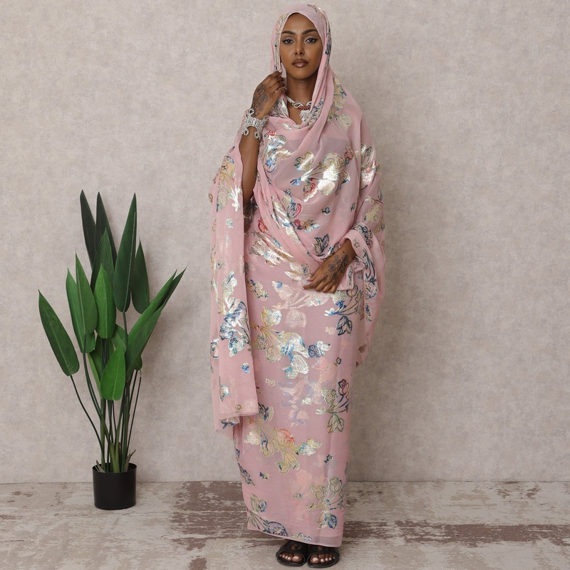 Blush Pink Traditional Premium Sudanese Thobe Pure Silk Chiffon Fabric with Metallic Lurex, 4.5 Meters, 110 cm Width, South Korea-D22495