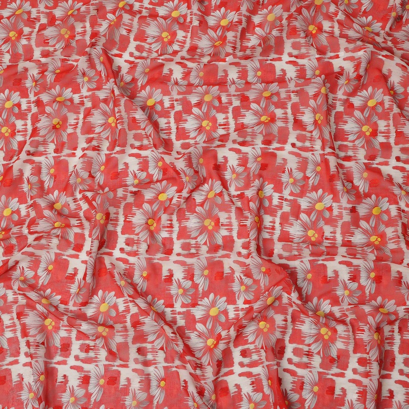 Red Daisy Floral Print Cotton Voile Fabric with White and Yellow Accents on Abstract Base, 140 Cms Width, Made in India-D24334