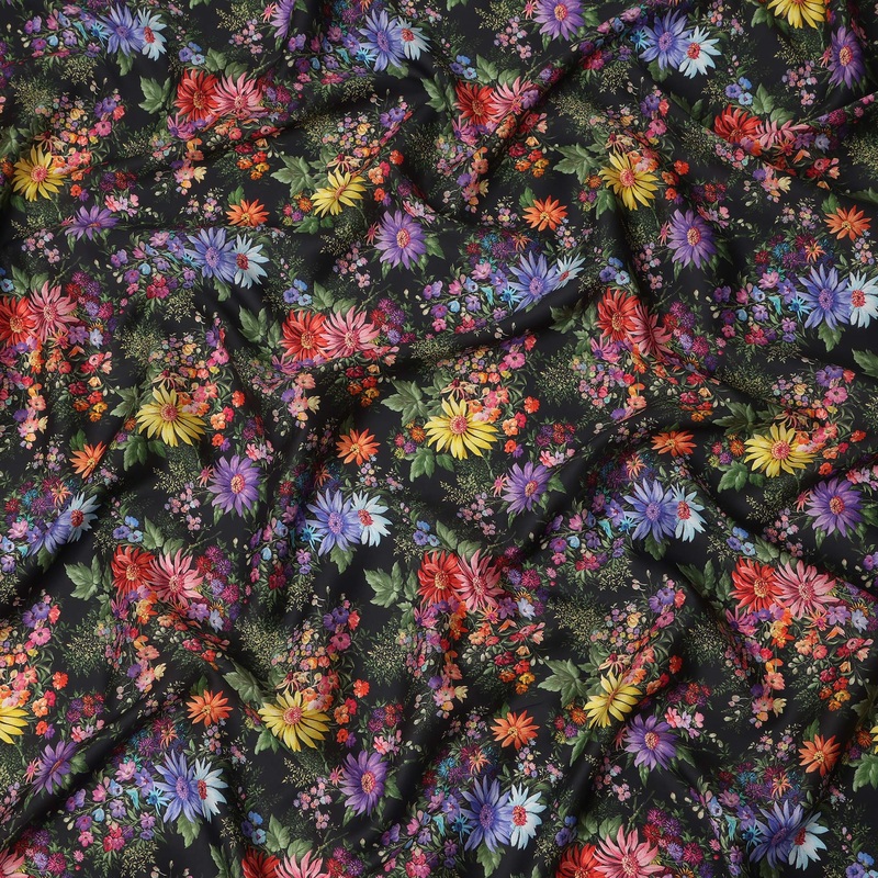 Black Multicolor Floral Printed Cotton Satin Fabric 110 Cms Width India-D27830