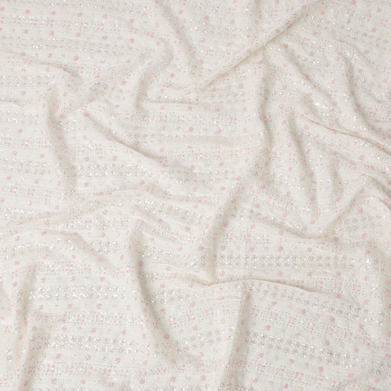 Off White Sequin Embroidered Striped Pattern Synthetic Viscose Fabric, 110 Cms Width, Made in India-D26374