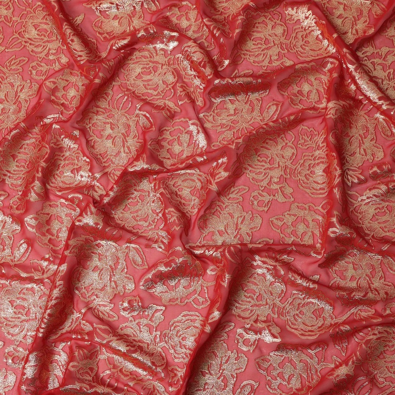Red Floral Metallic Lurex Design Silk Chiffon Fabric, 140 Cms Width, Made in South Korea-D22656