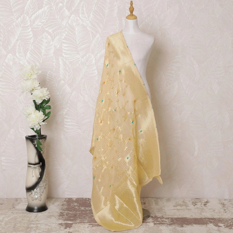 Salmon peach Premium synthetic organza dupatta with multicolor jacquard and gold metallic in floral design-D15939