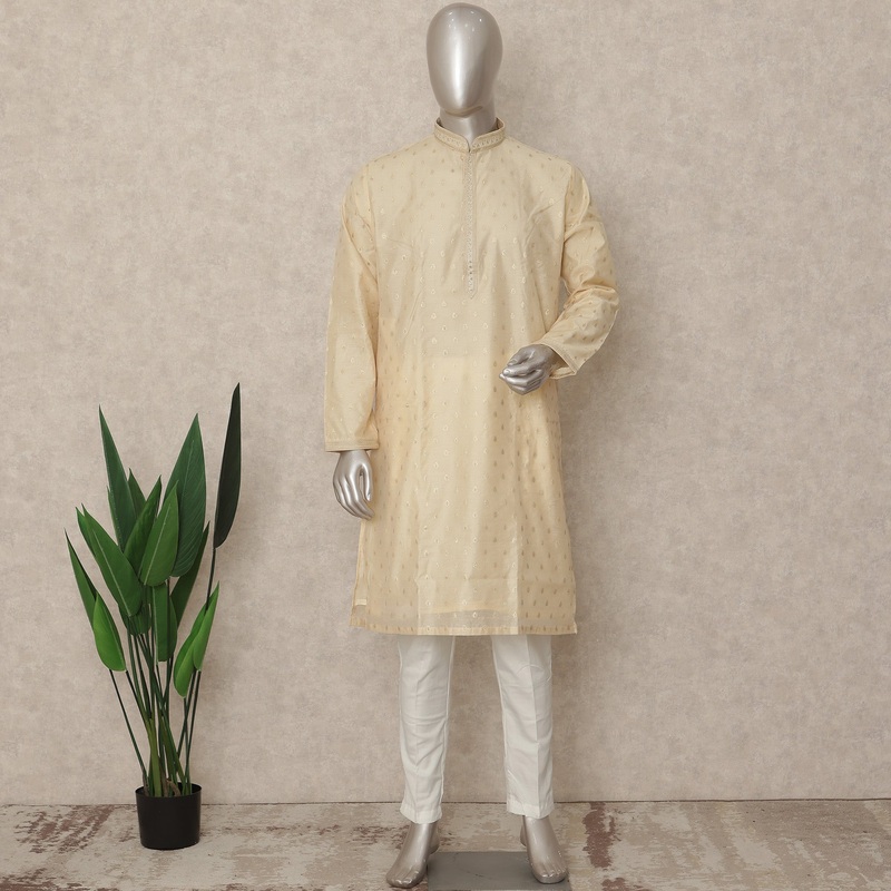 Cream Beige Self Design Cotton Silk Kurta Pyjama Set for Men Regular Fit Mandarin Collar Subtle Elegance Ethnic Festive Wear Indian Origin - D29235