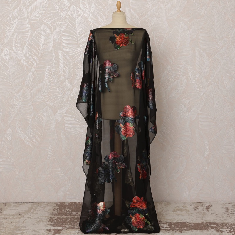 Black Somali Silk Chiffon Dirac Fabric with Multicolor Floral Metallic Lurex Design, 3.5 Meters, 140 cm Width - Made in South Korea-D20834