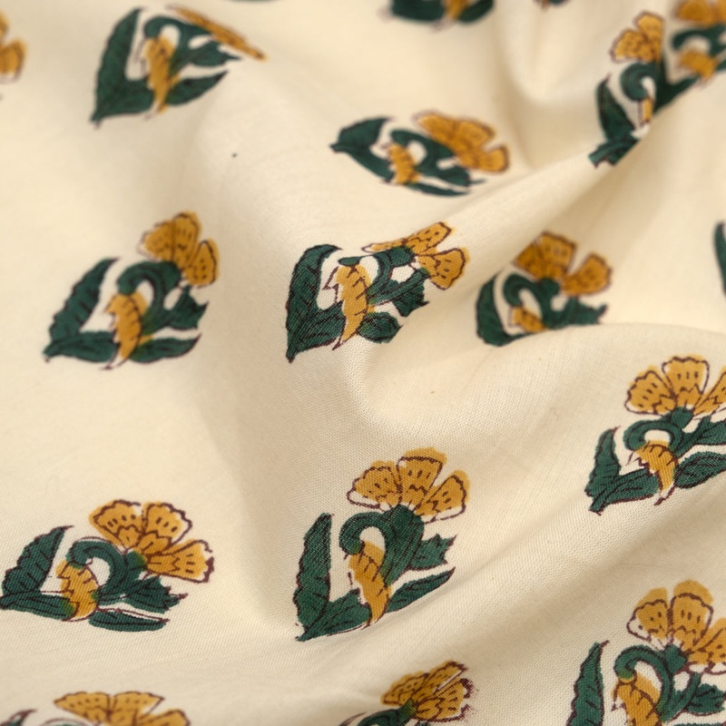 Bloom Block Printed Organic Cotton Batiste - Vanilla/Sunglow/Spruce