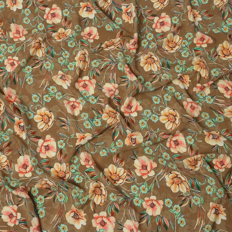 Brown Beige Floral Printed Premium Pure Silk Crepe Fabric with Artistic Botanical Design, 110 cms Width, Made in India-D26333