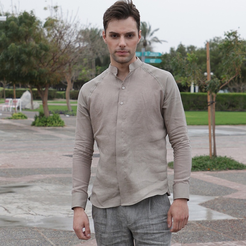Sand Brown Premium Pure Linen Shirt Mandarin Collar, Made in UAE-D22004 Brown