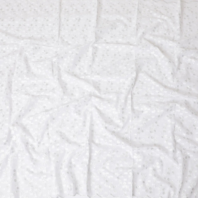 White Premium pure cotton voile (Sudanese Thobe) fabric with same tone clip cord having same tone and grey metallic embroidery in floral design-D13830