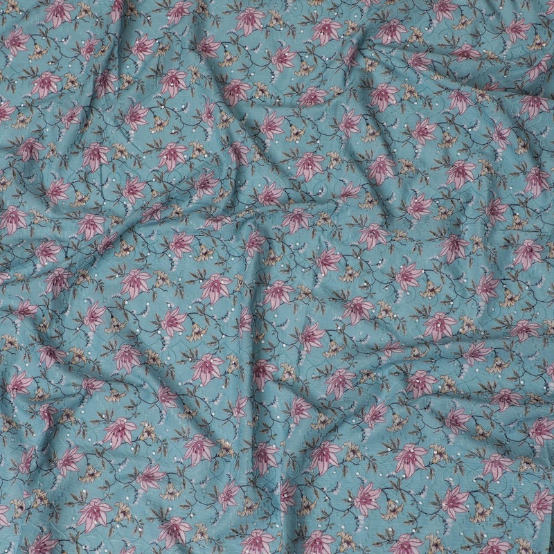 Aqua Blue Floral Cotton Lawn Fabric with embroidery - 110 cm Width, India-D19940