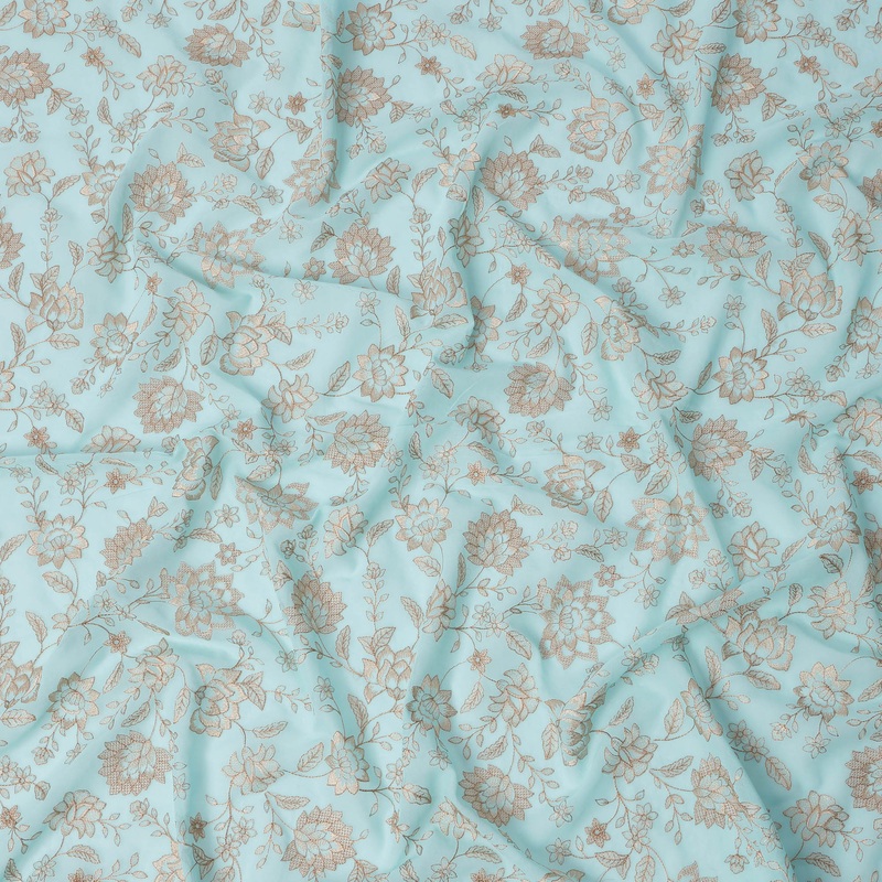 Aqua Blue Floral Embroidery Cotton Voile Fabric, All-Over Beige Thread Work Design, 110 Cms Width, Made in India-D22591