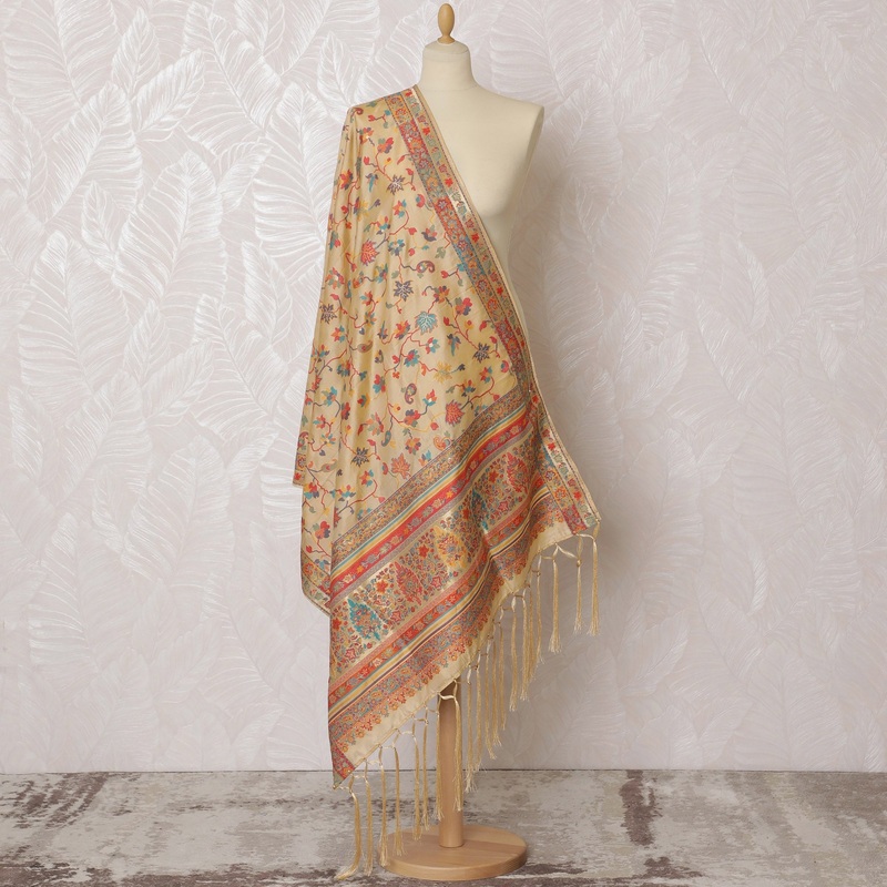 Elegant Beige and Multicolor Floral Synthetic Brocade Dupatta - Traditional Indian Design, 85x245 cm-D19290