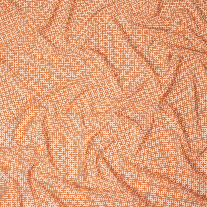 Peach Orange Small Geometric Grid Printed Pure Silk Crepe Fabric Lightweight Soft Draping Dress Material 110 Cms Width India Origin-D28777