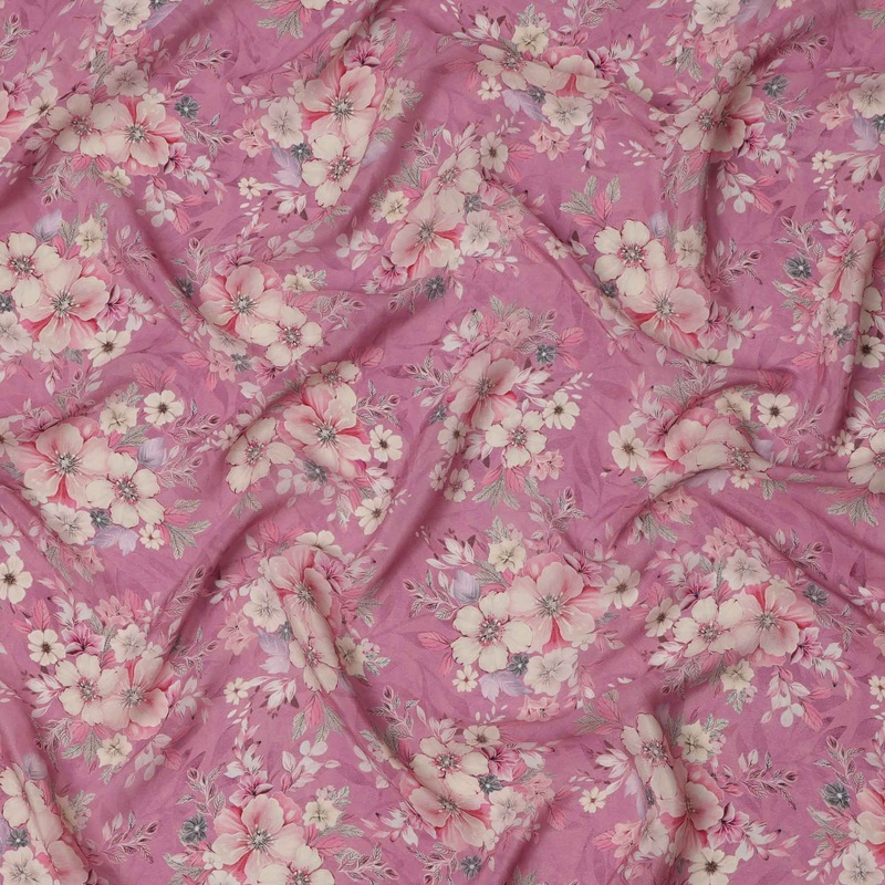Rose Pink Floral Bunch Printed Viscose Crepe Fabric, Pastel Bloom Pattern All-Over, 110 Cms Width, Made in India-D23431