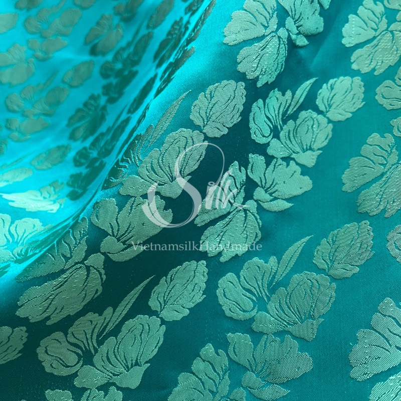 Turquoise Blue Silk with Big Flowers - PURE MULBERRY SILK fabric by the yard - Floral Silk -Luxury Silk - Natural silk - Handmade in VietNam