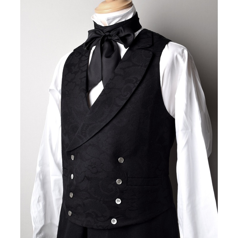 Victorian Double Breasted Waistcoat - Black Wool Damask (WC108-BWS)