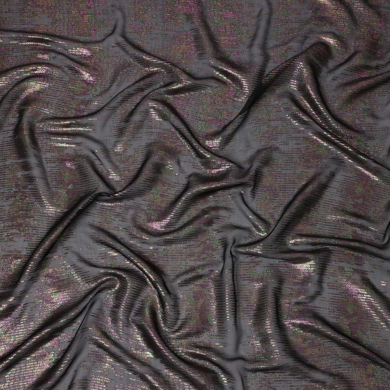 Black Iridescent Pattern Pure Silk Chiffon Fabric with Metallic Lurex, 110 Cms Width, South Korea-D25258