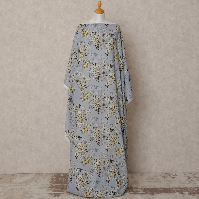Dusty Blue Somali Cotton Voile Printed Dirac Fabric with Yellow & White Floral Pattern, 3.5 Mtrs, Width 140 Cms, Made in India-D24056