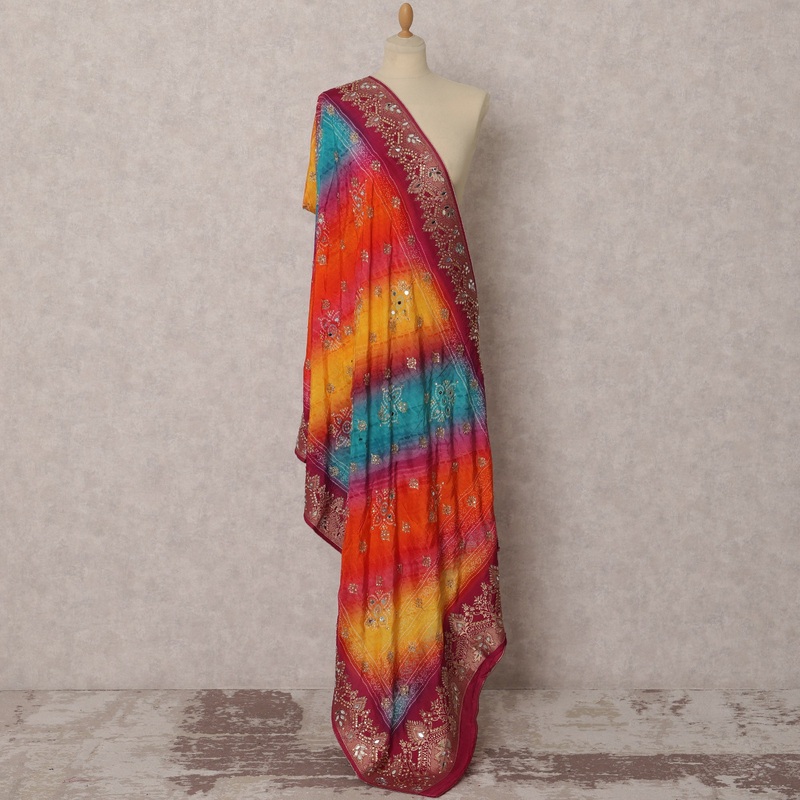 Multicolor Bandhani & Embroidered Premium Chiffon Dupatta, Festive Ethnic Stole, 230X85 CMS, India-D22371
