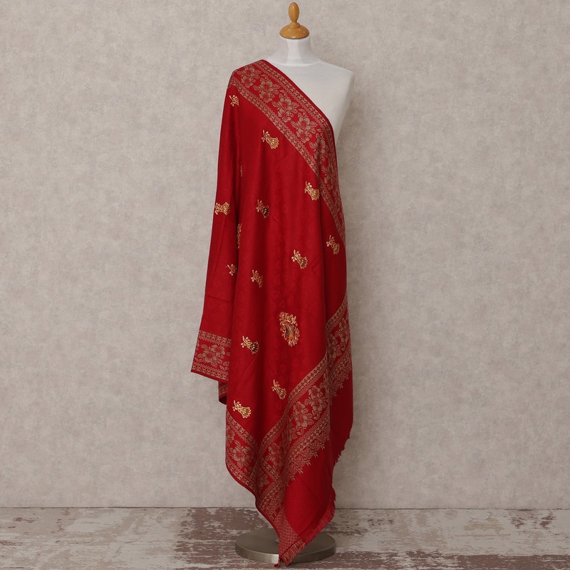 Red with Golden Floral Booti Design Blended Kashmiri Pashmina Shawl, Size 210X100 Cms, India-D24872