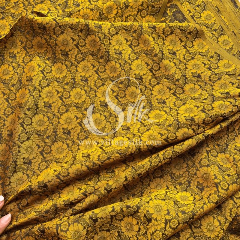 Black Silk with Yellow Daisy Flowers - PURE MULBERRY SILK fabric by the yard - Floral Silk -Luxury Silk - Natural silk