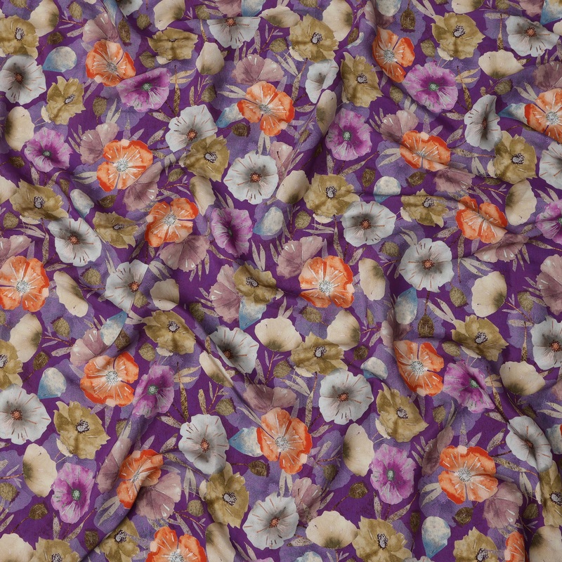 Purple Base with Orange, Beige & White Painterly Floral Print Viscose Crepe Fabric, 110 Cms Width, Made in India-D23003