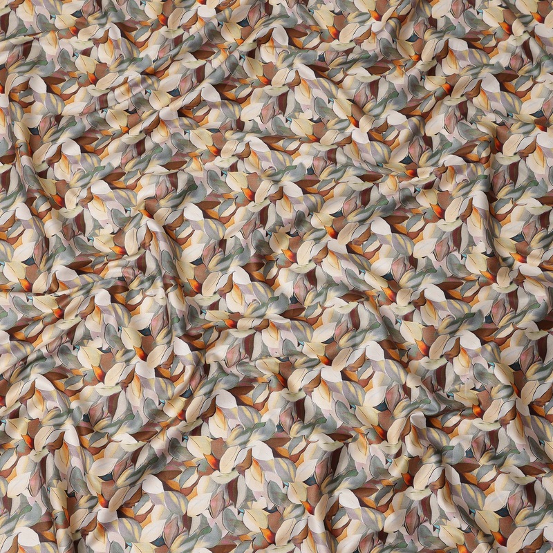 Beige Brown Abstract Leaf Printed Cotton Satin Fabric 110 Cms Made In India-D27384
