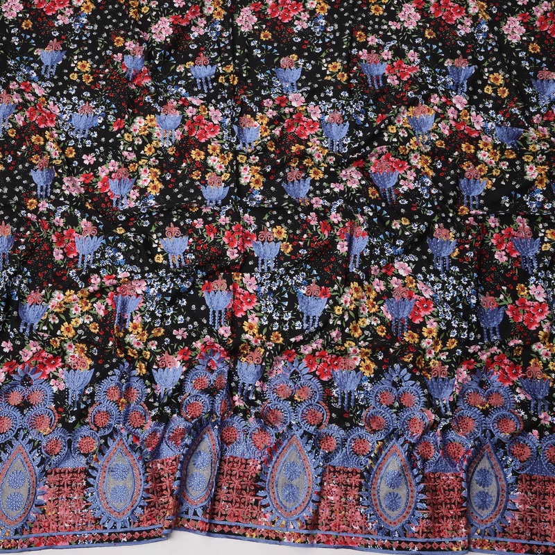 Black Base Multicolor Floral Print Cotton Fabric with Blue Embroidery and Heavy Ornamental Teardrop Border, 140 Cms Width, Made in India 3 Meters Piece-D23708