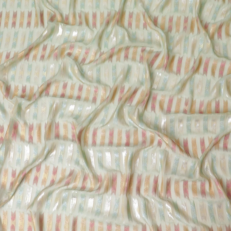 Sage green premium pure silk chiffon fabric with multicolor metallic lurex in abstract design-D10039
