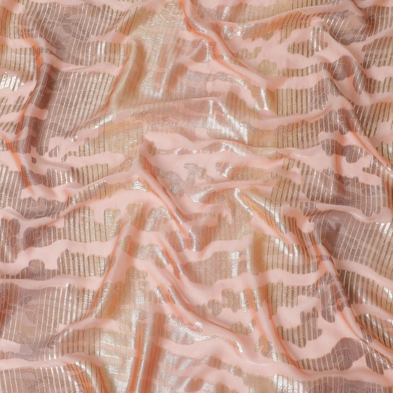 Salmon pink Premium pure French (Fransawi) silk chiffon fabric with same tone metallic lurex in abstract design-D16970