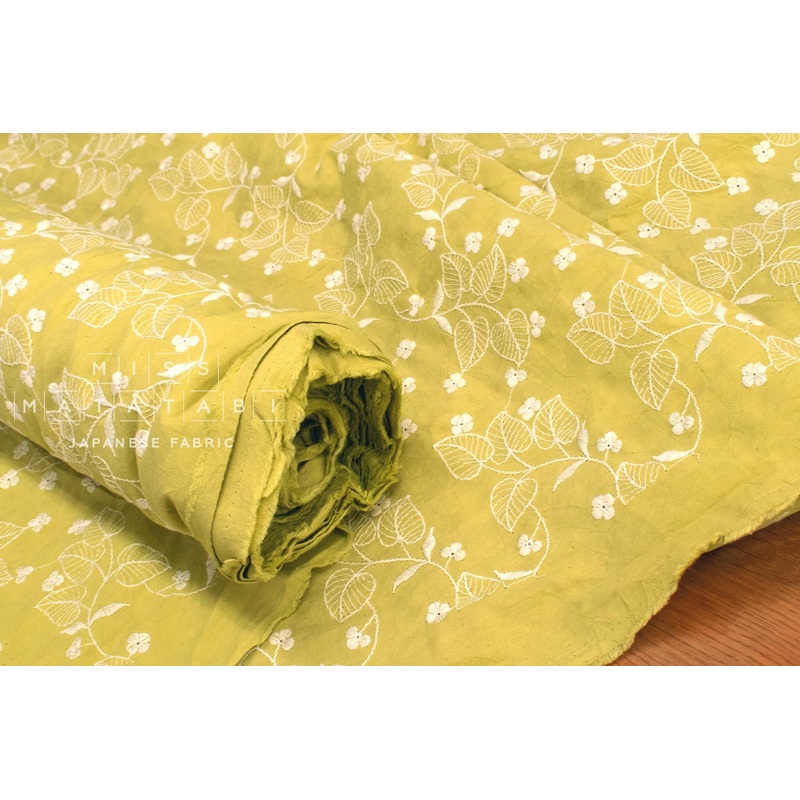 Shokunin Collection Sun-Dried Embroidered Vines Cotton Batiste - bright pistachio