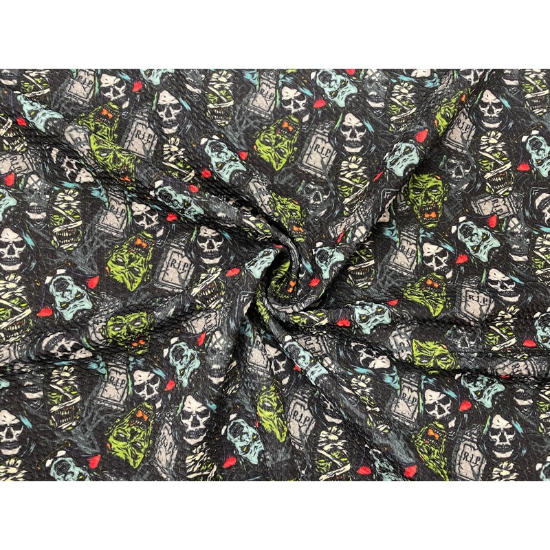 Zombie RIP Halloween Bullet Print #445 Ribbed Scuba Techno Double Knit 2-Way Stretch Poly Spandex Apparel Craft Fabric 58"-60" Wide BTY