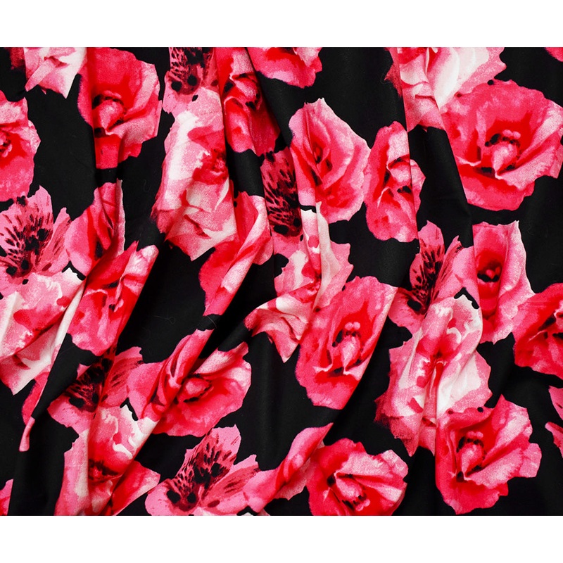 Red-Pink-Black Floral Printed Stretch Spandex Poplin Woven Fabric