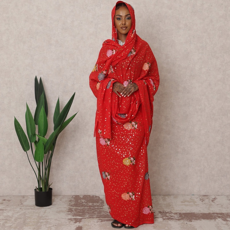 Red Traditional Sudanese Thobe Pure Cotton Voile Embroidery Fabric, 4.5 Meters, 140 cm Width, India-D22457