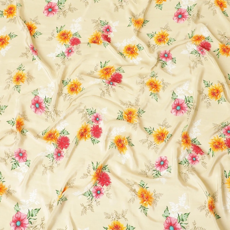 Beige premium pure silk crepe fabric with multicolor print in floral design-D9397