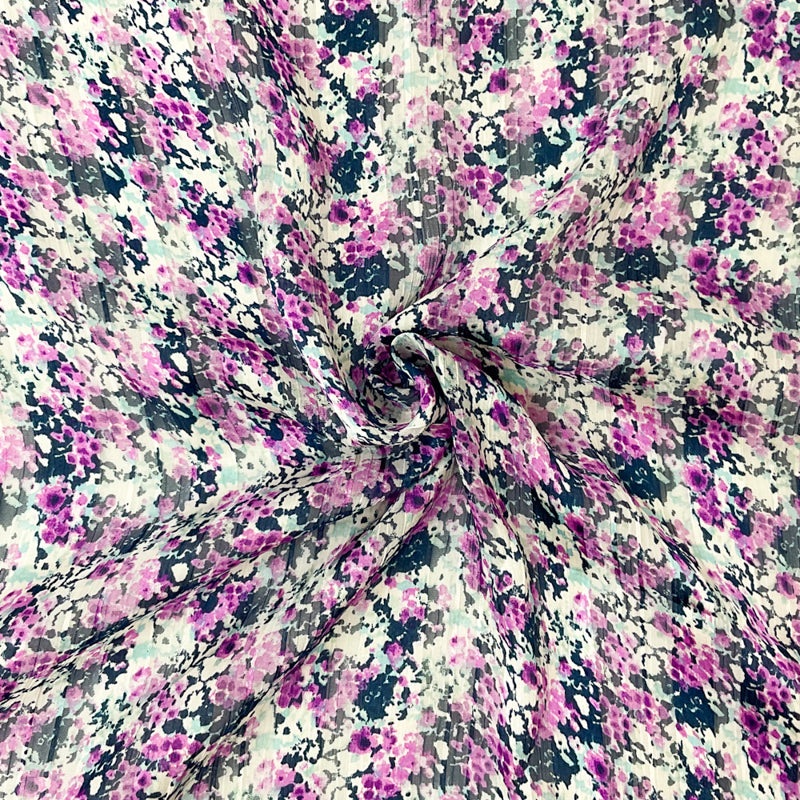 Purple-Multi Poly Floral Print Satin Stripe Chiffon Woven Fabric