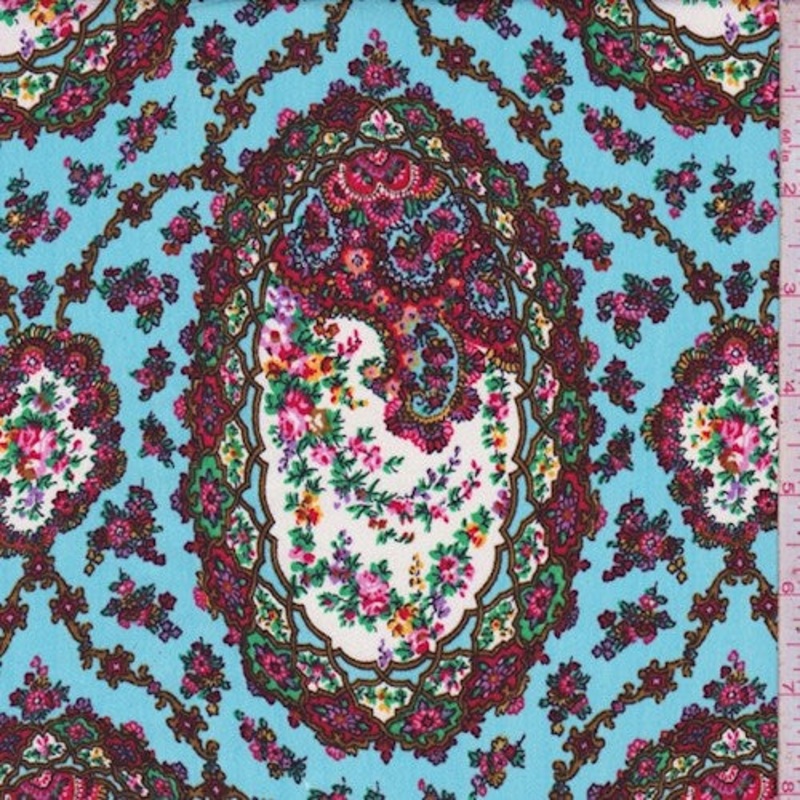 Sweet Blue/Multi Pendant Trellis Printed Crepe Faille Fabric