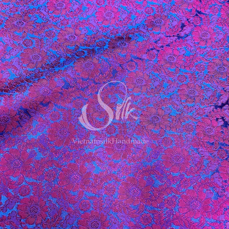 Blue Silk with Daisy Patterns - PURE MULBERRY SILK fabric by the yard - Floral Silk -Luxury Silk - Natural silk - Handmade in VietNam