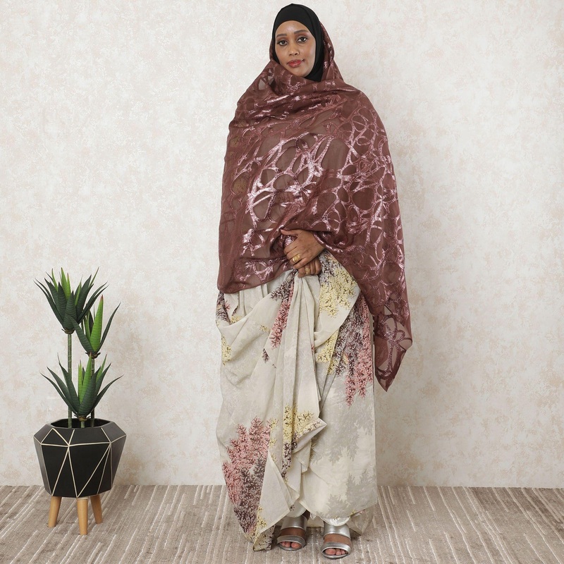 Brown premium pure silk chiffon garbasaar with same tone metallic lurex in abstract design-D11549