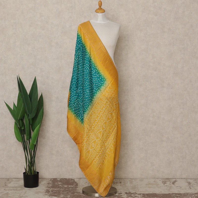 Mustard Yellow and Emerald Green Premium Synthetic Brocade Dupatta with Bandhani-Inspired Patterns, 225X80 CMS Width, India-D26940