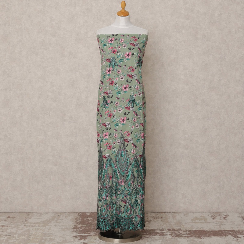 Sage Green Floral Printed Blended Cotton Fabric with Pink & Teal Accents, 130 Cms Width, 3.0 Mtrs Length, Made in India-D24128