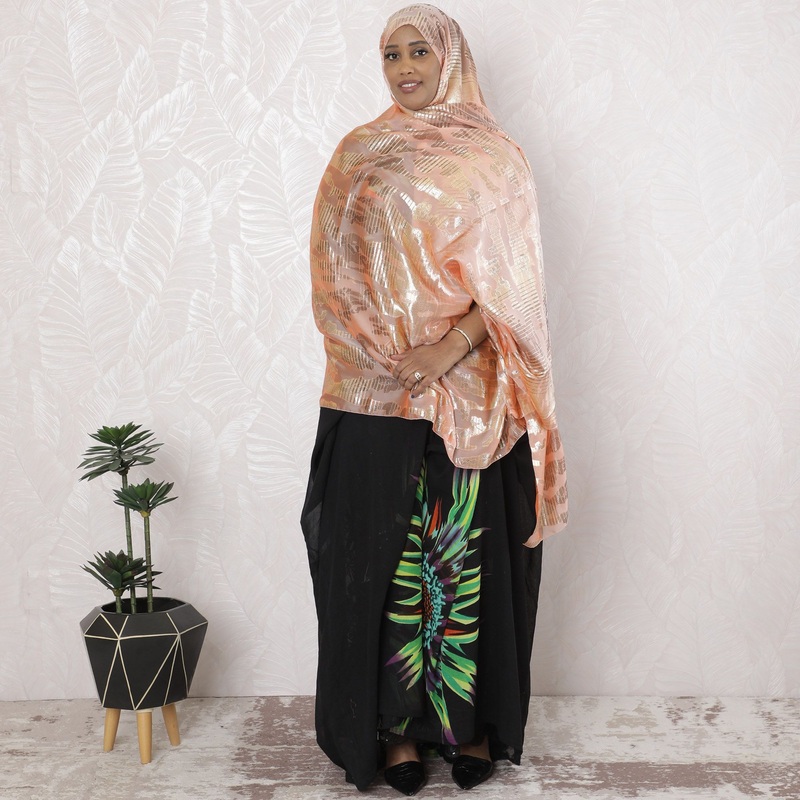 Salmon peach Premium pure French (Fransawi) silk chiffon garbasaar with gold metallic lurex in abstract design-D17145
