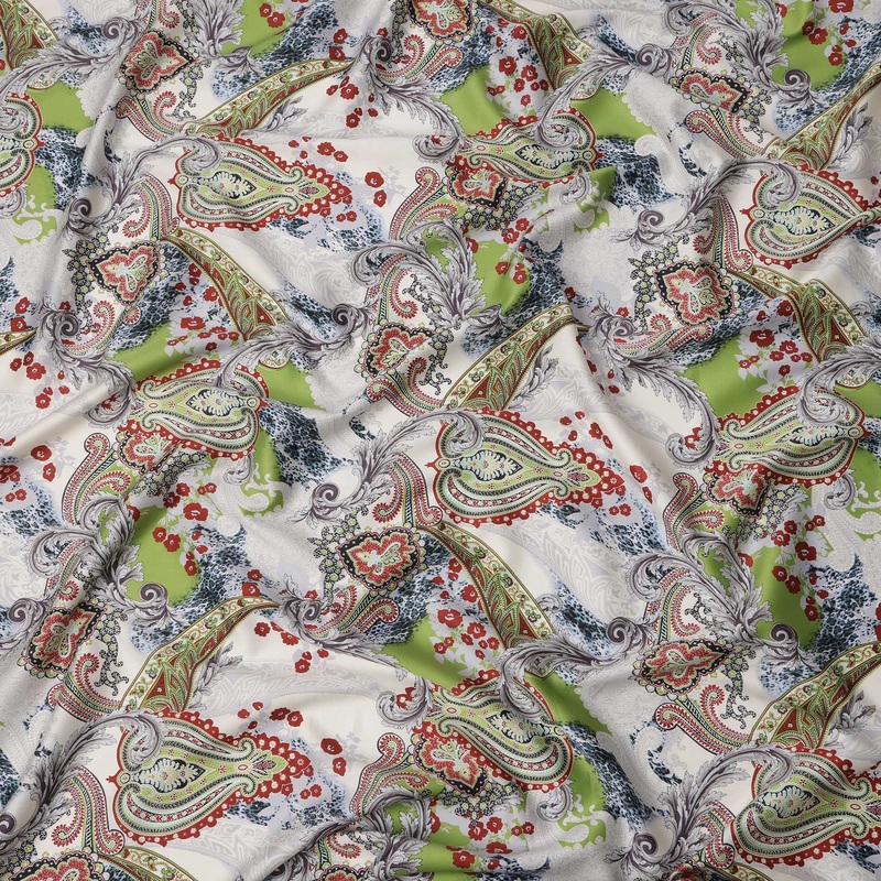 White & Green Paisley Cotton Satin Fabric with Floral Accents 140 cm Wide-D21949