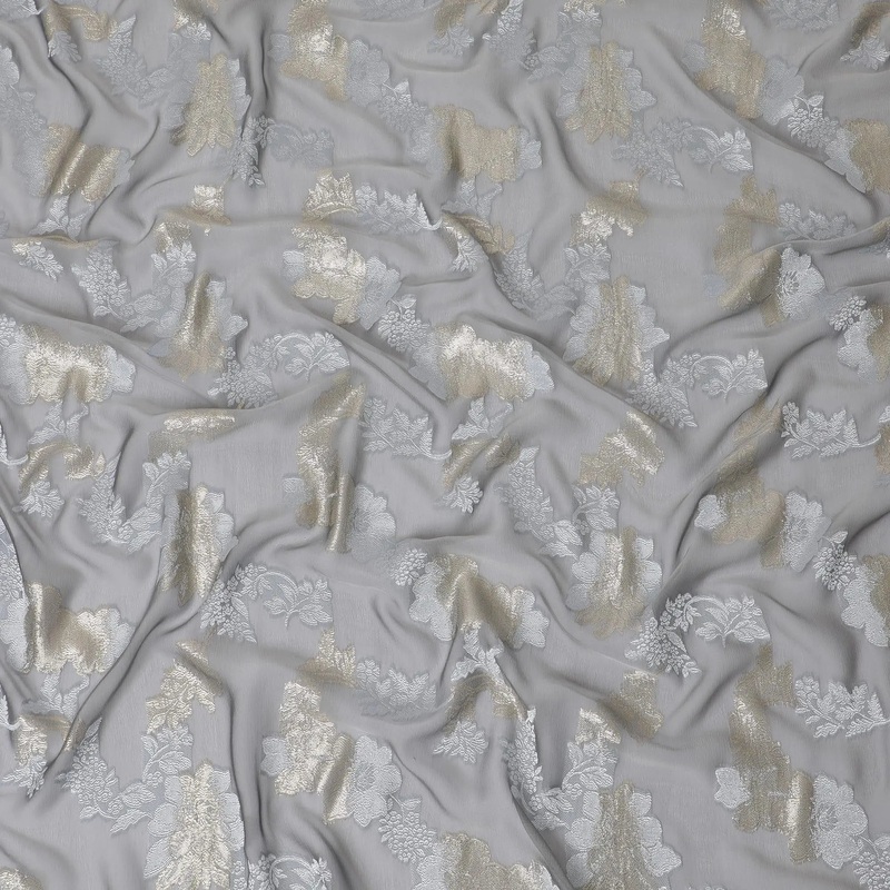 Coin grey Premium pure French (Fransawi) silk chiffon fabric with same tone viscose having gold metallic lurex in floral design-D15634